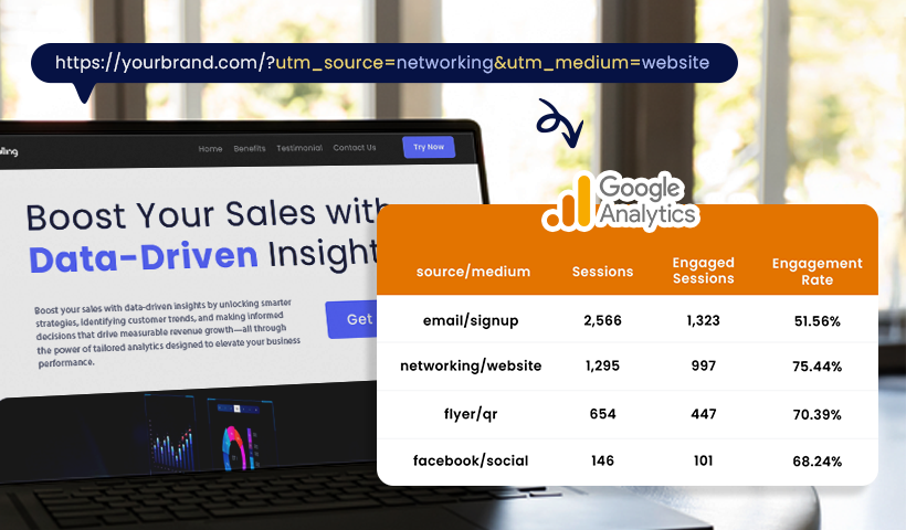 UTM-tracked QR code traffic visualized in Google Analytics with engagement metrics.