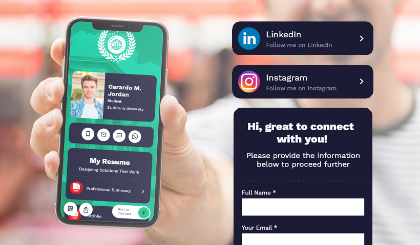 Student holding a phone with a digital business card and contact form on screen.