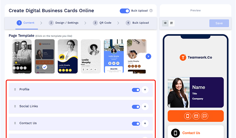 Content editor showing profile, social links, and contact sections toggled on.