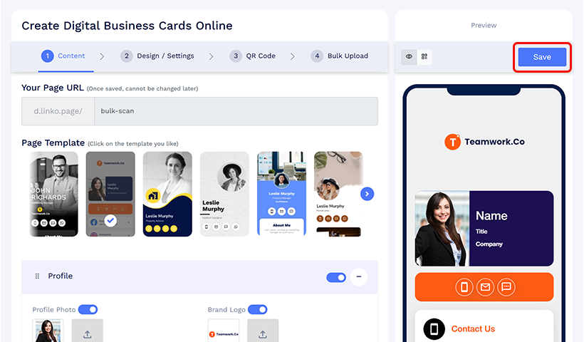 Save button highlighted on the bulk digital business card creation screen.