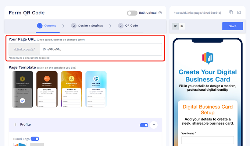Page URL input field and landing page template selection for Form Qr code