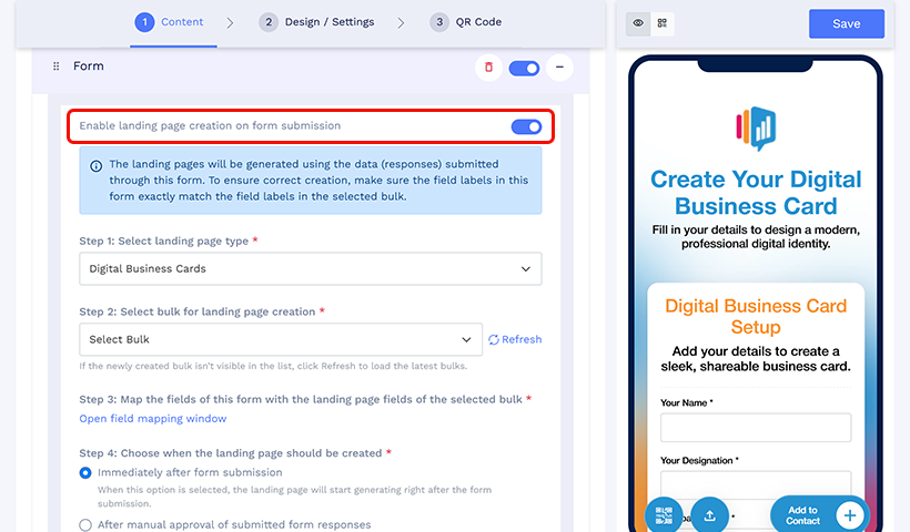 Form settings with landing page creation toggle enabled.