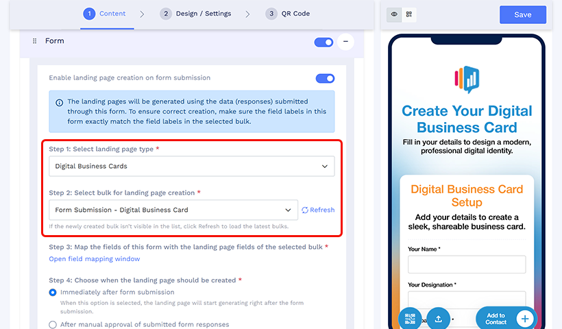 Landing page type dropdown set to “Digital Business Cards.”