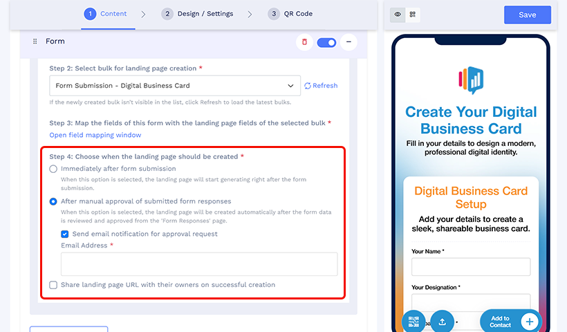 Settings showing options for when digital business cards are created.