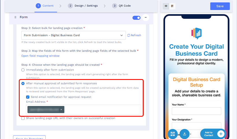 Options for creating landing pages immediately or after manual approval.
