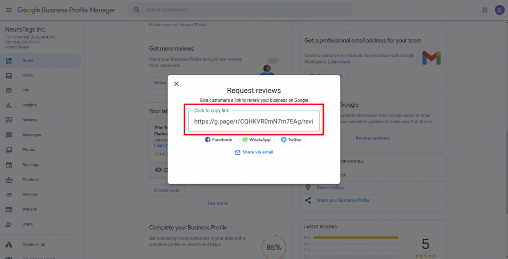 Copia el enlace de la reseña de Google desde tu perfil de Google Business.