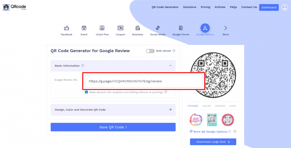 Pega el enlace de la reseña de Google para crear un código QR de reseña de Google.