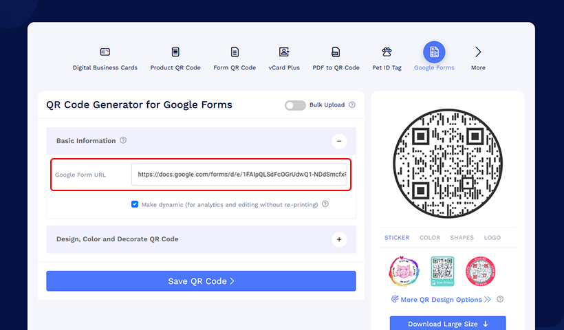 Paste your Google Form link into QRCodeChimp.