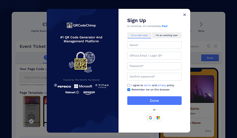 QRCodeChimp sign-up and event ticket QR code creation dashboard