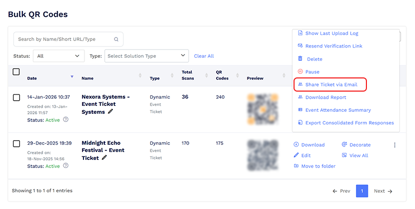 QRCodeChimp dashboard showing bulk event tickets and email sharing option