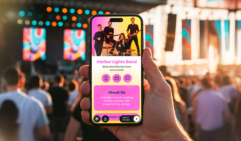 Band digital business card displayed on phone for music networking at concert
