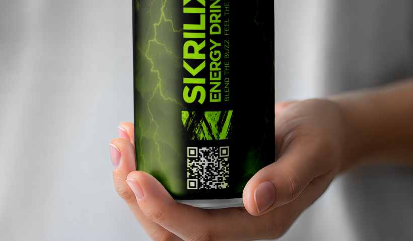 Energy drink can featuring QR code on packaging for interactive brand experience