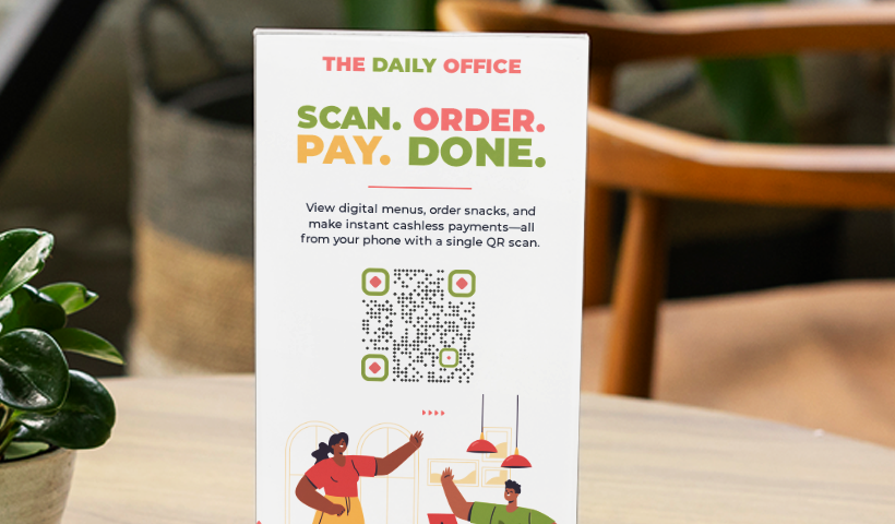 Café table sign with QR code for menu ordering and payment