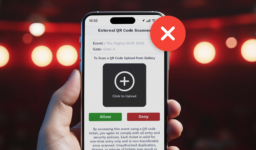 手機螢幕上顯示一個帶有紅色錯誤圖示的外部二維碼上傳掃描器。