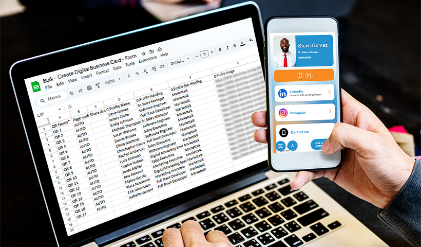 Spreadsheet workflow alongside a digital business card displayed on a phone.