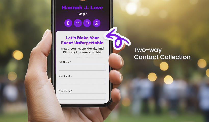 Mobile digital business card collecting event contacts with form and QR code scan