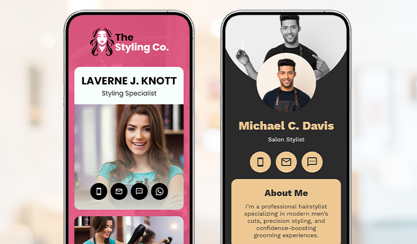Modern hairstylist digital business card templates on smartphones with profile images, contact details, and branding design.