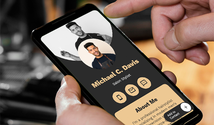 Salon stylist digital business card displayed on mobile phone with profile photo, contact buttons, and about section.