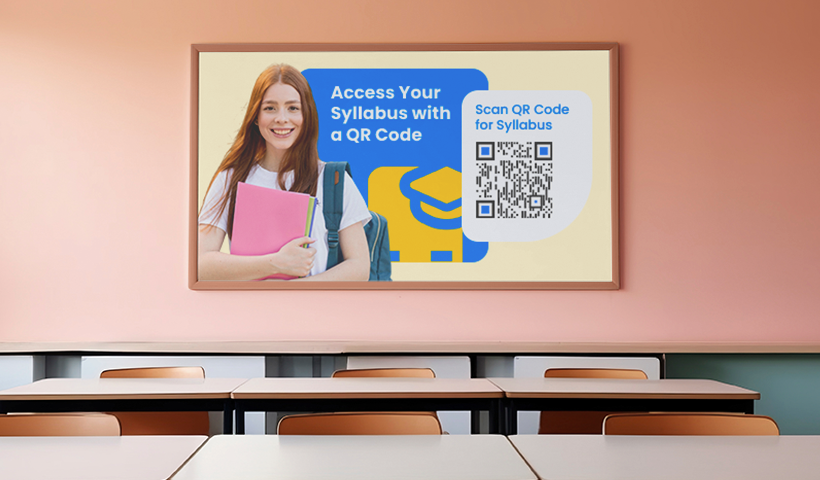 Classroom poster with a student holding books and a QR code to access the syllabus.