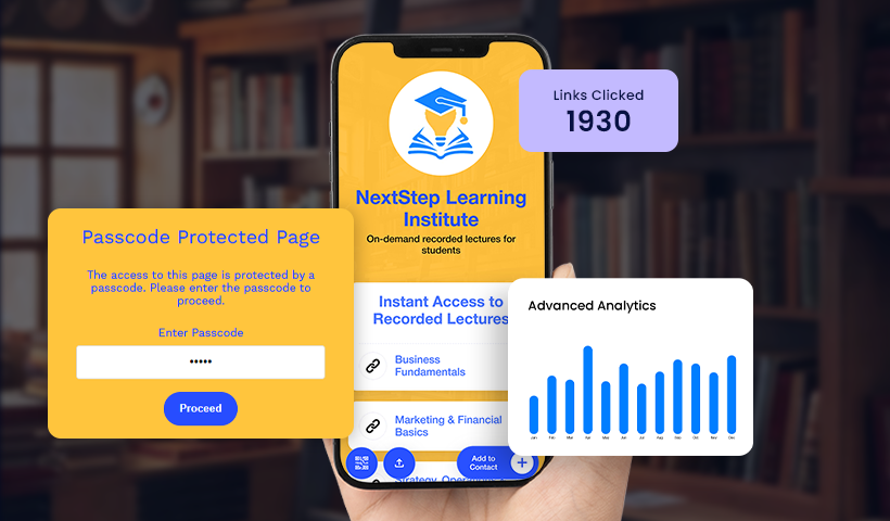 Smartphone showing recorded lecture platform with passcode protection and analytics tracking links clicked.