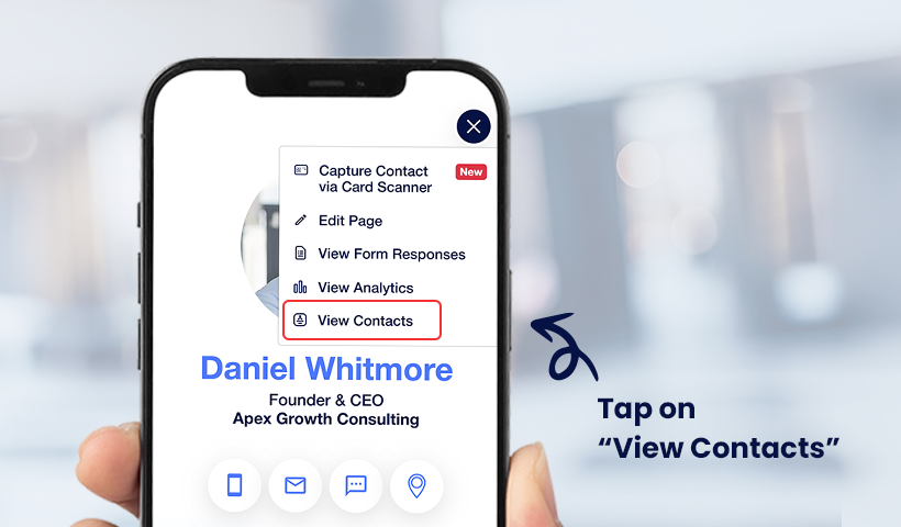 Menu showing “View Contacts” option on digital card interface