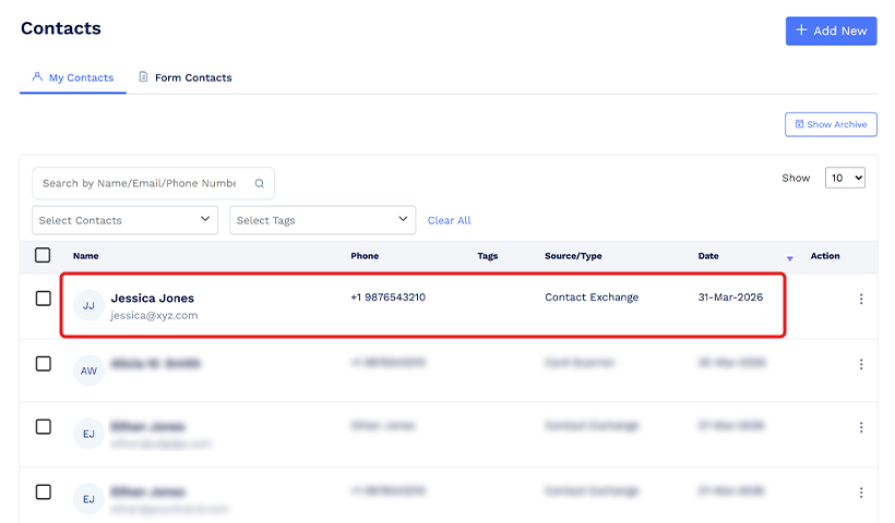 View contacts in dashboard