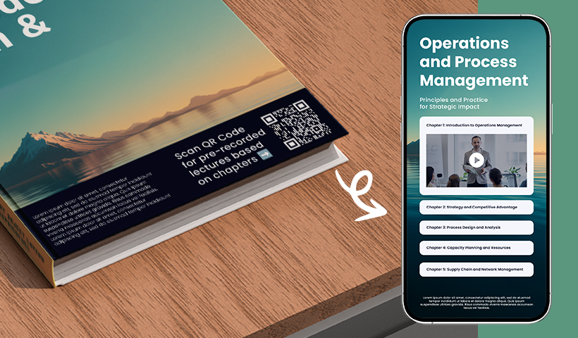 Book with QR code linking to recorded lectures, shown alongside a smartphone displaying course chapters.