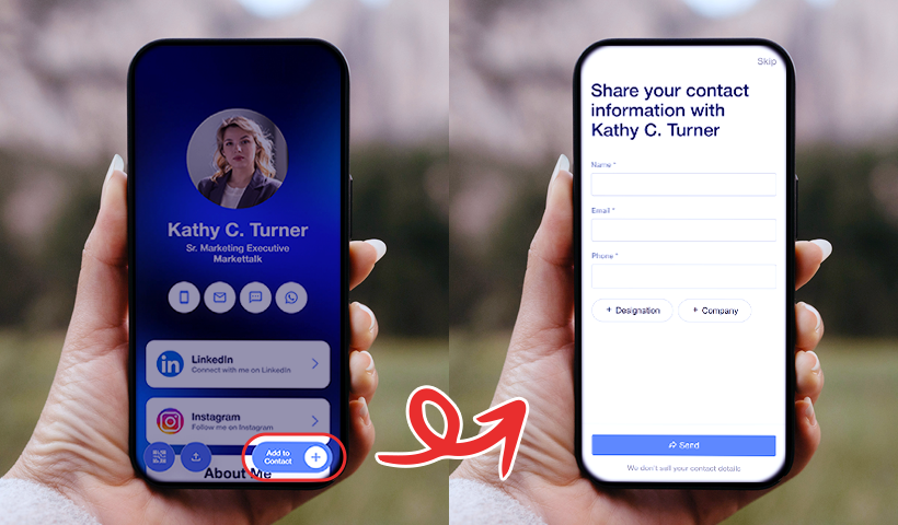 Digital business card add to contact button opening contact form to collect leads