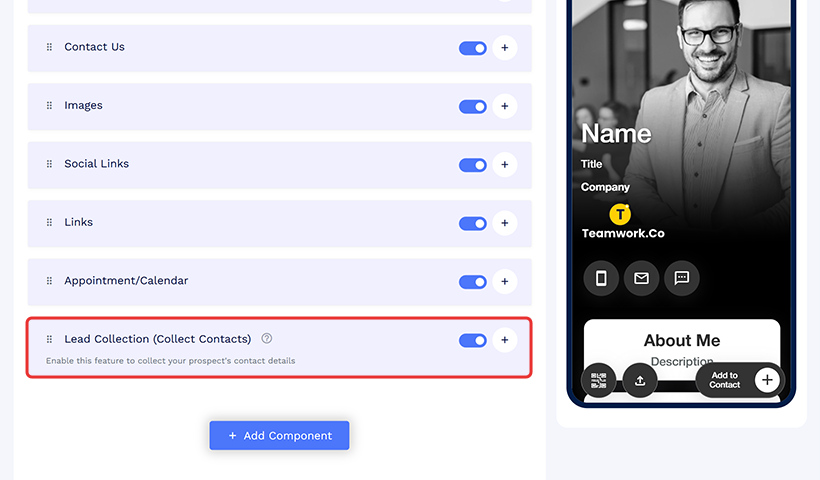 Enable collect contacts section in digital business card dashboard to gather leads