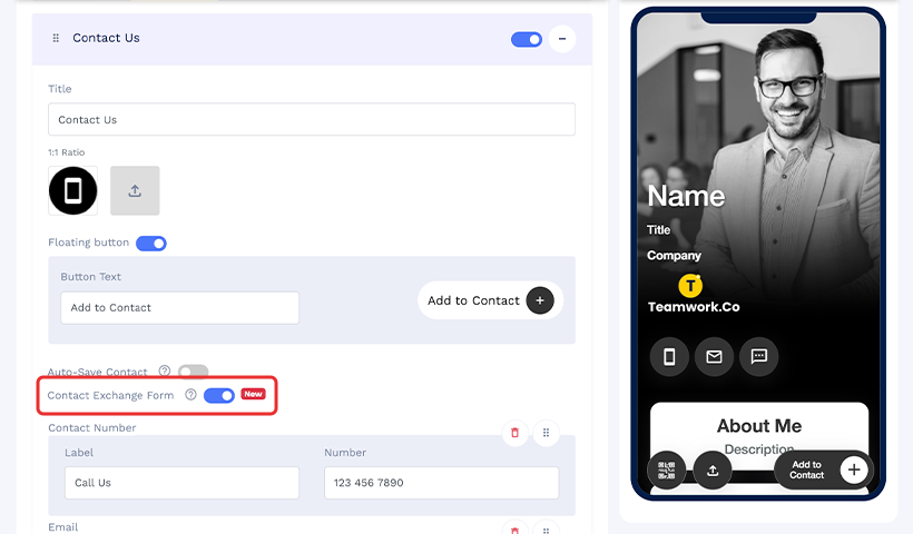 Enable contact exchange form toggle in digital business card settings for lead capture