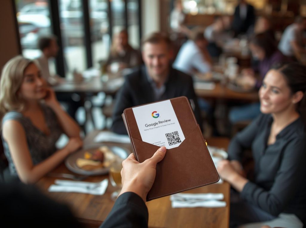Restaurant scene with waiter holding bill folder featuring Google review QR code for customers at table.
