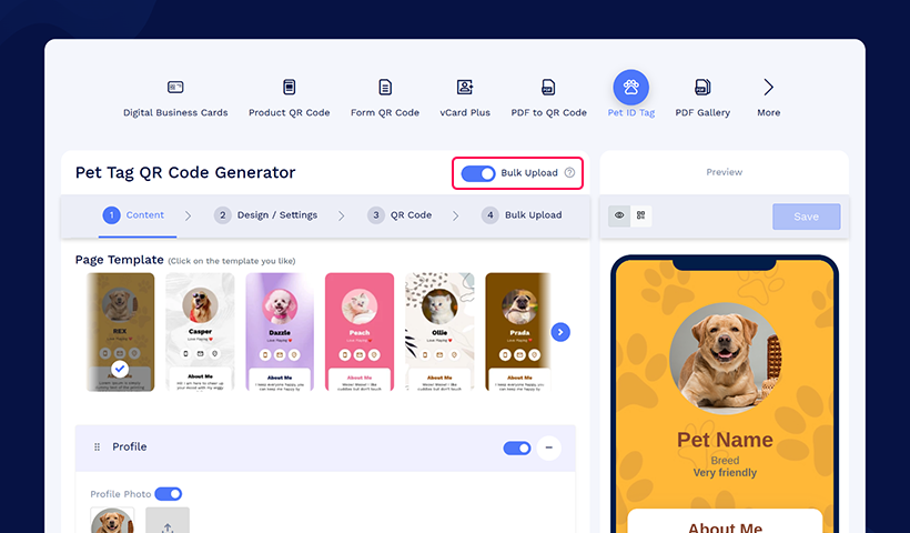 Enable bulk upload to create pet id tags in bulk